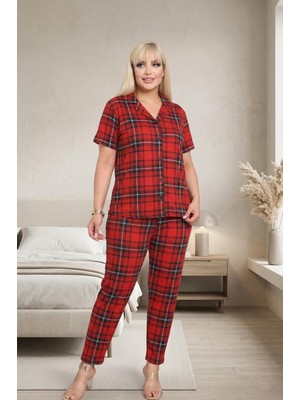 Balis Pijama Kadın Bambu Kumaş Battal Büyük Beden Yumuşak Dokulu Kaliteli Rahat Şık Zarif Leopar Ayıcıklı Kalpli Kırmızı Kareli Ekose Desenli Pijama Takımı Klasik Boydan Düğmeli Kısa Kollu Gömlek Yaka Ev Giyimi