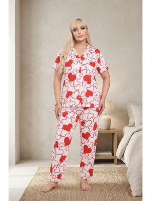 Balis Pijama Kadın Bambu Kumaş Battal Büyük Beden Yumuşak Dokulu Kaliteli Rahat Şık Zarif Leopar Ayıcıklı Kalpli Kırmızı Kareli Ekose Desenli Pijama Takımı Klasik Boydan Düğmeli Kısa Kollu Gömlek Yaka Ev Giyimi