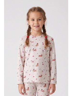 Obje Kız Çocuk Köpek Desen Bisiklet Yaka Pijama Üstü