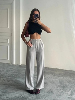 Emporya Trend Kadın Gri Kumaş Pantolon | Yeni Sezon | Palazzo Kesim