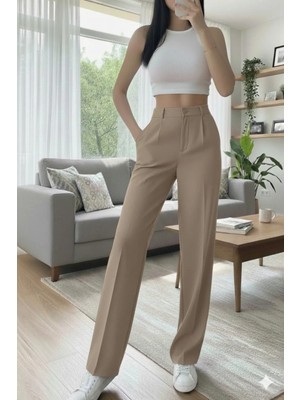 Emporya Trend Kadın Vizon Kumaş Pantolon | Yeni Sezon | Geniş Paça Düğme Kapamalı Palazzo Kesim