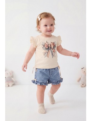 Joy Kids Kız Bebek Premium Kalite Kot Şortlu Dijital Baskılı Takım (9-24AY) (Krem)