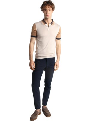 İGS Bej Slim Fit Dar Kalıp Polo Yaka Düz Kısa Kollu Triko Tişört