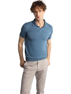 İGS Erkek Indigo Slim Fit Dar Kalıp Polo Yaka Düz Kısa Kollu Triko Tişört