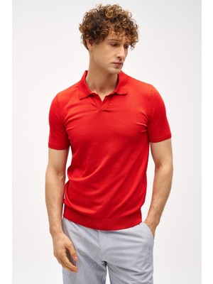 İGS Erkek Kırmızı Slim Fit Dar Kalıp Polo Yaka Düz Kısa Kollu Triko Tişört