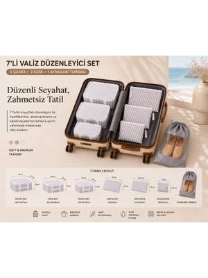 Pixue 7 Li Valiz Içi Düzenleyici Set Çizgili Fileli Seyahat Organizeri 3 Çanta3 Kese 1 Ayakkabı Çizgili  Kumaş Fermuarlı