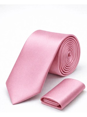 Toz Pembe Saten Kravat & Mendil Seti