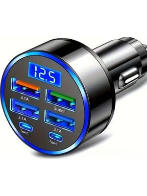 Skygo 6 Portlu Hızlı Araç Şarj Cihazı – 4 USB + 2 Type-C Çıkışlı Dijital Göstergeli Oto Şarjı