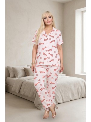 Balis Pijama Kadın Bambu Kumaş Battal Büyük Beden Yumuşak Dokulu Kaliteli Rahat Şık Zarif Leopar Ayıcıklı Kalpli Kırmızı Kareli Ekose Desenli Pijama Takımı Klasik Boydan Düğmeli Kısa Kollu Gömlek Yaka Ev Giyimi