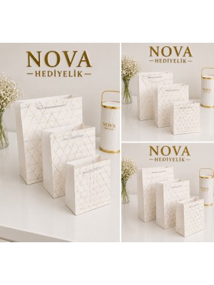 Nova Lüks 3’lü Karton Hediye Çantası Seti – Beyaz Renk Gold Detaylı Premium Tasarım