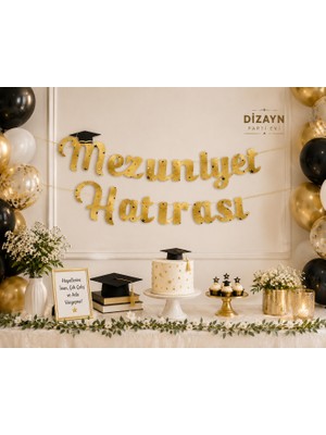 Dizayn Parti Evi Mezuniyet Hatırası Banner Gold Mezuniyet Süsü Parti Arka Fon Dekoru