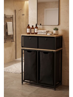 Miyuhome Metal Kızaklı Çamaşır Sepeti 2 Adet Saklama Kutulu 2X40 Lt Kirli Sepeti Büyük Boy Raflı Kirli Sepeti