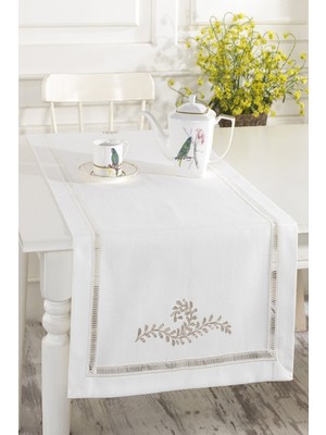 Ödel Buldan Naturel Duck Kumaş Ajurlu Sütlü Kahve İşlemeli 50x130 cm Runner
