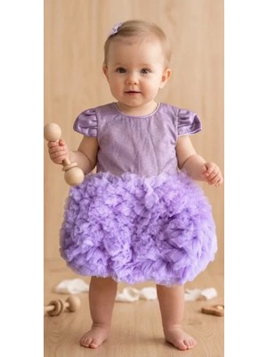 Mini Chics Mevlitlik Düğünlük Kısa Tütülü Simli Bebek Abiye Elbise-Mor