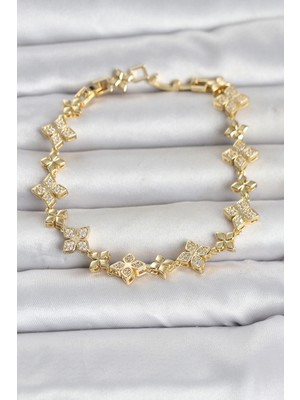 Mey Ithalat® Pirinç Zirkon Taşlı Yonca Model Gold Renk Kadın Bileklik