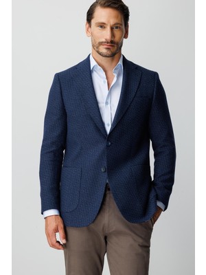 İGS Erkek Lacivert Regular Fit Mono Yaka Ceket – Desenli