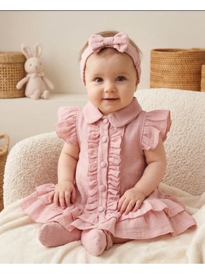 Oppomio Bayramlık Fırfır Detaylı Yazlık Bebe Yaka Kısa Müslin Bebek Elbise Bandanalı 2li Set - Lila