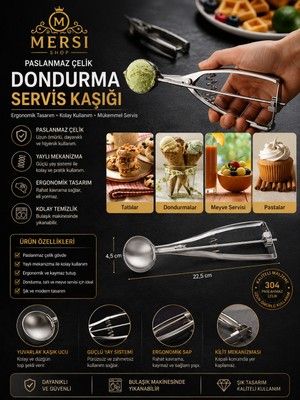 Mersi Shop Paslanmaz Çelik Dondurma Servis Kaşığı Ergonomik Dondurma Kepçesi