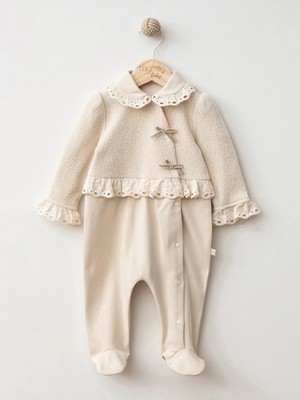 Mymio Bebe Yaka Uzun Kollu Dantel Detaylı Kız Bebek Tulum