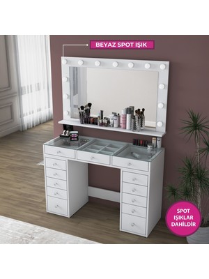 Rani BJ195 Makyaj Masası 13 Çekmeceli Cam Tablalı Takı Düzenleyici Beyaz