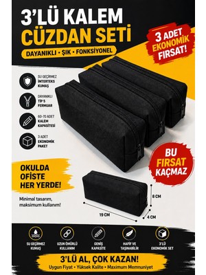 Ketnez 3’lü Su Geçirmez Imperteks Kumaş Kalemlik Seti Siyah Büyük Kapasiteli Fermuarlı Kalem Çantası 19X8X4 cm