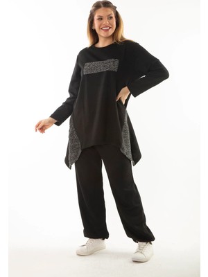 Şans Kadın Büyük Beden Siyah Sim Detaylı Sweatshirt Pantolon Ikili Takım 65N37054