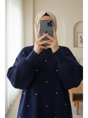 Moda Morfo Taş Detaylı Kare Desenli Triko Tunik -Laci