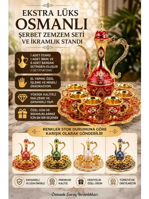 Wolawood Ekstra Lüx Osmanlı Şerbet Zemzem Seti ve Sunumluk Standı 6 Kişilik Bardaklı Sürahili Özel Dekoratif Premium Takım Hediyelik Özel Üretim