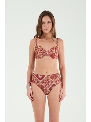Louren Kadın Bordo Desenli Ayarlanabilir Kenarlı, Çıkabilir Ince Kaplı Telli Toparlayıcı Bikini Takımı