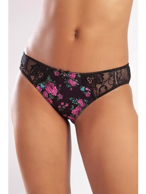 Beruflic Golshan Gardenia Mini Slip, Kadın Dantelli Çiçek Baskılı Siyah Normal Bel Külot Under Moda