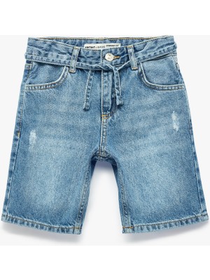 Koton Beli Bağcıklı Cepli Yıpratılmış Detaylı Pamuklu Denim Şort