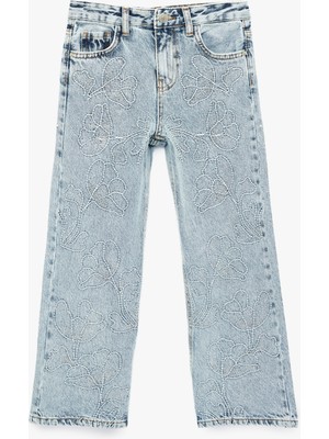 Koton Çiçek Işlemeli Bol Kesim Denim Pantolon