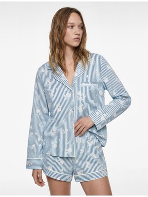 Koton Pamuklu Cep Detaylı Uzun Kollu Çiçek Desenli Çizgili Pijama Üstü