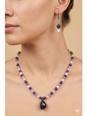 Woona Ametist Taşı & Lavender Ametist Taşı & Ay Taşı 6mm Premium Aa Kalite Doğal Taş El Yapımı Kolye Küpe Set