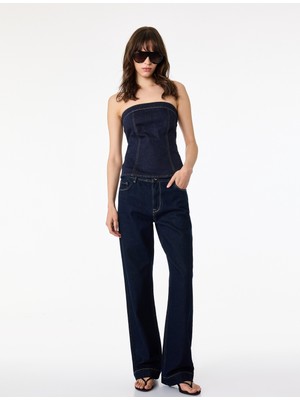 Koton Pamuklu Fermuarlı Slim Fit Straplez Kolsuz Denim Bluz