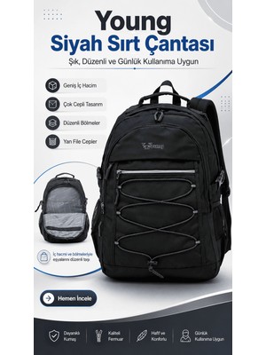 Young 51537 Black Siyah Unisex Çok Cepli Suya Dayanıklı Sırt Çantası