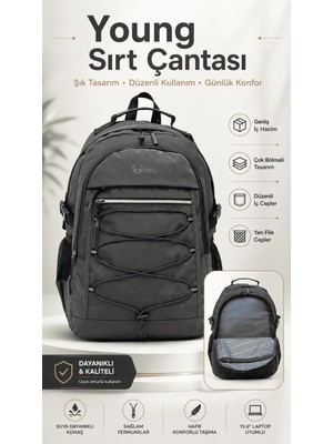 Young 51537 Grey Gri Unisex Çok Cepli Laptop Bölmeli Suya Dayanıklı Sırt Çantası