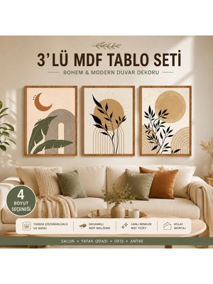 Hippodeco Bohem Minimalist Mdf Tablo Seti – Modern Dekoratif 3’lü Çerçevesiz Duvar Tablosu