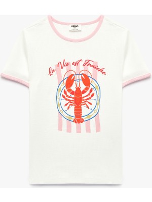 Koton Kız Çocuk Pamuklu Kısa Kollu Tişört Günlük Stil Desenli 9 - 10 Yaş Polyester Karışımlı
