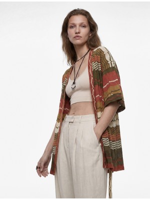 Koton Pointelle Örgü Kısa Kollu Kemerli Desenli Oversize Kimono Hırka