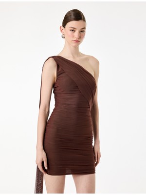Koton Slim Fit Drapeli Tek Omuz Mini Bodycon Elbise