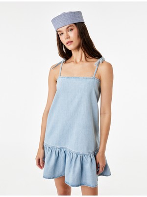 Koton Pamuklu Fiyonklu Ip Askılı Kolsuz Volanlı Mini Denim Elbise