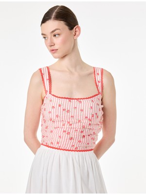 Koton Slim Fit Dantel Detaylı Kare Yaka Askılı Çizgili Çiçekli Crop Büstiyer