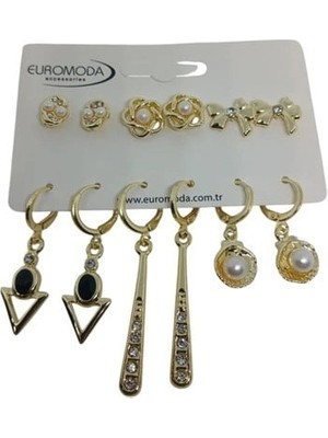 twingold Gold Renk Çiçek Fiyonk Figürlü 6'lı Küpe Seti