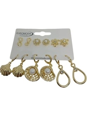 twingold Gold Renk Incili Deniz Kabuğu Figürlü 6'lı Küpe Seti
