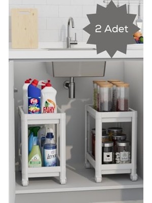 Assess Store Life 2 Adet 2 Katlı Tekerlekli Tezgah Altı Beyaz Banyo Mutfak Rafı MIT1120
