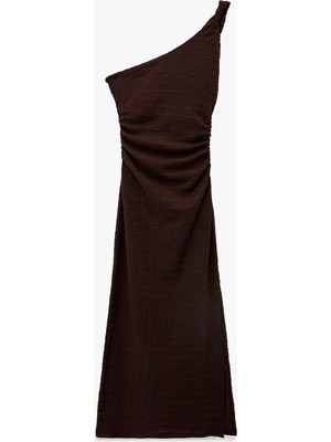 Koton Bürümcük Kumaş Tek Omuz Kolsuz Slim Fit Drapeli Uzun Elbise