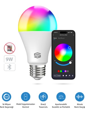 Akıllı RGB LED Ampul Bluetooth 16M Renk, Ayarlanabilir Parlaklık