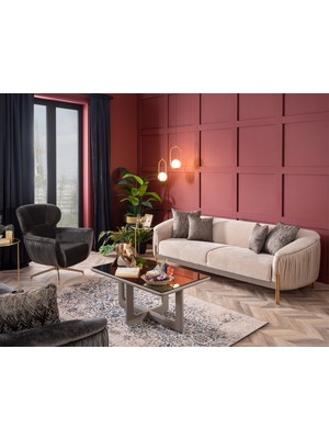 Weltew Home Florya Koltuk Takımı 3+1 Krem-Gri Orta Sert Oturum Yumuşaklığı Polyester Malzeme 233 cm