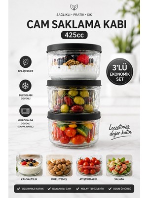 Zuri Design 3'lü Cam Saklama Kabı Kapaklı Şeffaf Cam Kavanoz Mutfak ve Buzdolabı Kullanımı Siyah 425 cc